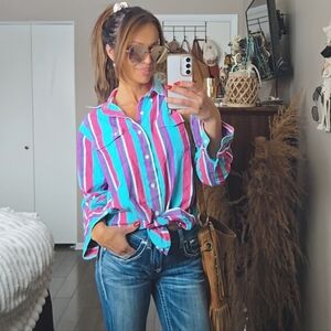 Vintage Longhorn Retro Western Button Rodeo Shirt Cowboy Cowgirl Pink Turquoise